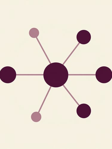 Sophisticated flat vector diagram showing interconnected digital nodes and elegant curves in dusty rose and deep plum on a warm cream background, clean editorial style.