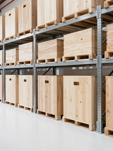 Wide-angle crisp photograph of a clean, organized modern warehouse with wooden packaging crates and industrial steel shelves, bright natural daylight