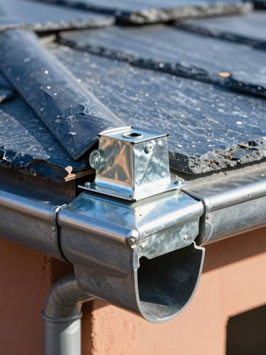Editorial construction photography, macro shot of hand-worked zinc joints on a roof gutter, crisp morning daylight, slate blue tones, sharp focus, 35mm