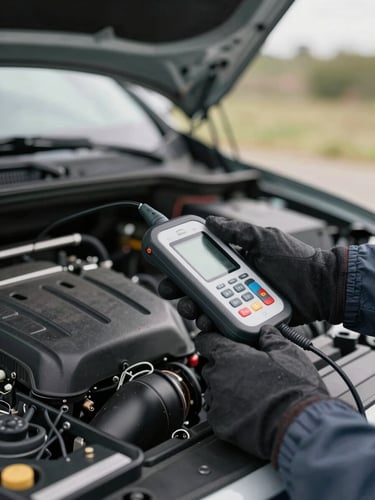 Close-up of a technician's gloved hands holding a diagnostic scanner connected to a vehicle OBD port under an open hood, natural overcast daylight, engine bay in soft focus behind, tool tray partially visible at frame edge