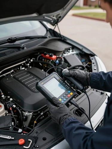 Close overhead shot of a technician's gloved hands holding a diagnostic scanner connected to an open engine bay, parked in a residential driveway under flat overcast daylight, tools visible on a mat beside the vehicle