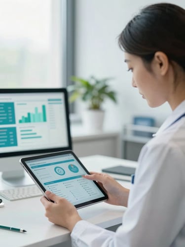 A professional practice manager in a bright, daylight-filled clinical office, reviewing clean digital dashboards on a tablet, soft blue and green tones, depth of field.