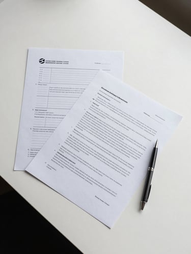 Overhead flat-lay on a clean white desk: printed legal forms and handwritten notes, a pen resting mid-page, under bright even north-facing daylight — no people, no faces