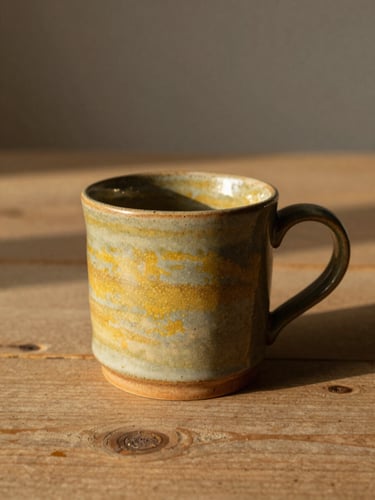 Primer plano de una taza de gres humeante sobre una mesa de madera rústica, luz natural de tarde, creando sombras suaves que realzan la textura áspera y cálida de la cerámica.