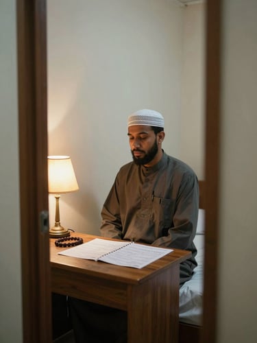 Pilgrim sitting quietly in a simple hotel room in Makkah, prayer beads resting on the table beside an open itinerary sheet, soft tungsten lamp warmth, medium shot from doorway angle, documentary framing