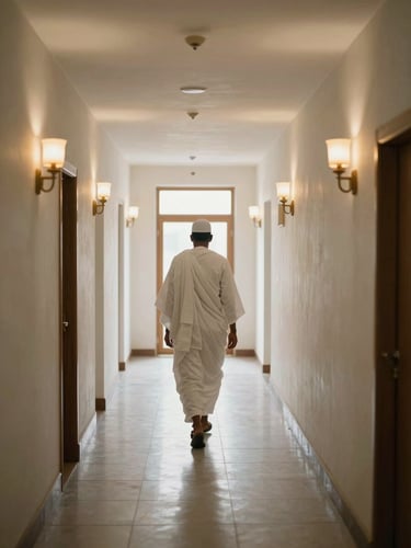 Wide interior corridor of a clean mid-range hotel near the Grand Mosque, a pilgrim in white ihram walking toward a bright window at the far end, soft morning diffused light, warm tungsten glow from wall sconces, shot from behind at medium distance — documentary, unhurried