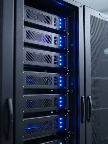 Clean server room racks with glowing blue indicators, cool directional lighting, sharp technical photography, 50mm