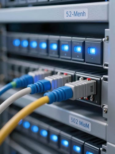 Close-up of a high-capacity fiber optic cable installation, glowing blue light indicators on a server rack in the background, sharp technical photography, cool studio lighting, 50mm