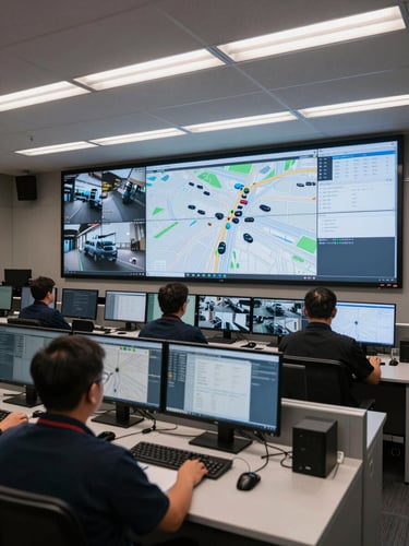 Wide environmental shot of a corporate transport control room, staff member monitoring a live map of vehicle positions on large screens, overhead fluorescent lighting, multiple dashcam feeds visible on secondary monitors, empty desks with keyboards in the foreground