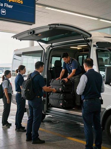 Wide documentary shot of a corporate group boarding a coach at an airport, luggage being loaded into the vehicle's hold, overhead airport signage partially visible, natural daylight, operational context clear