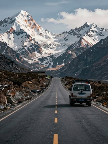 Wide panoramic Himalayan mountain road stretching into the distance, a loaded travel vehicle moving through the frame in the right third, steep snow-dusted peaks flanking both sides, late-morning natural light, dramatic depth of field showing the full road corridor