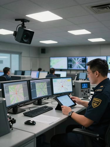 Wide interior shot of a fleet operations control room, left-side foreground showing a driver's ADAS dashcam mounted on a windshield, overhead fluorescent lighting, monitors displaying route maps in the background, a uniformed coordinator reviewing a tablet at a standing desk