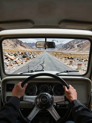 Tall portrait frame of a driver's hands on the steering wheel of a high-altitude 4WD vehicle, Ladakh mountain road visible through the windshield, cracked asphalt and rockfall barriers, natural overhead daylight, documentary framing
