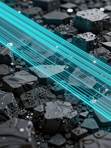 Abstract, high-quality 3D render of structured data flows in deep obsidian space, illuminated by precise neon-cyan scanning lines.