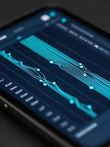 Macro close-up of a high-end personal device displaying a clean, dark-mode cybersecurity dashboard with sharp neon-cyan data flows, cool low-key lighting.