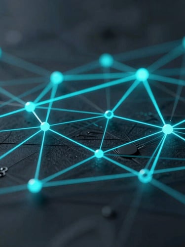 Abstract 3D render of a glowing cyan data stream mapping a network grid, dark obsidian background, sharp technical lines, macro focus