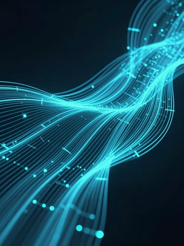 Abstract 3D render of clean, glowing data flows and digital pathways in neon-cyan over a deep obsidian background, sharp highlights, cool tones.