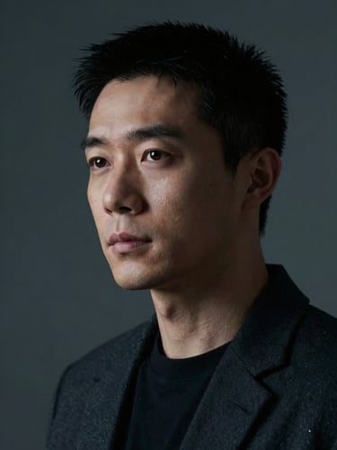 Subtle, professional portrait of an individual in a calm, controlled environment, low-key dramatic lighting with cool tones, looking away from camera.