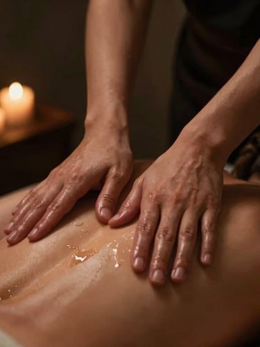 Close-up of professional therapeutic massage, hands applying warm oil to a back, low-key candlelight, rich bronze tones, shallow depth of field, 35mm
