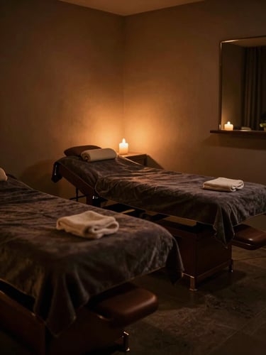 Dimly lit elegant treatment room at Moksha Spa Gurugram, warm ambient candlelight, soft shadows, low-key luxury atmosphere, 35mm photography