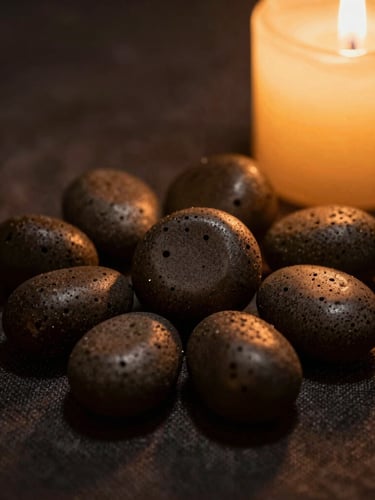 Macro shot of heated basalt stones resting on textured dark linen, warm amber candlelight, soft shadows, 35mm