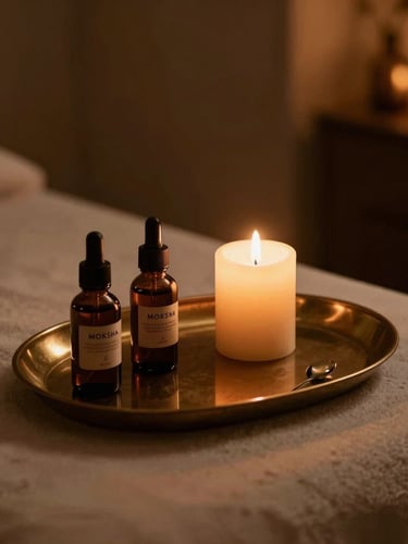 Dimly lit elegant treatment room at Moksha Spa, warm amber lighting, candlelit glow, premium oils on a bronze tray, 35mm photography