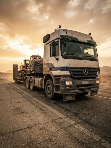 Wide-angle low-angle shot of a heavy-duty modern transport truck driving on a dry desert highway in Iraq, harsh golden hour lighting, cinematic grit, industrial documentary style.