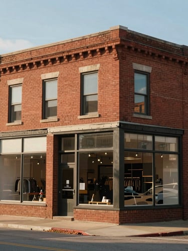 A historic brick retail storefront in a Minnesota town, clean architecture, natural morning light casting soft shadows, captured from an angled perspective.
