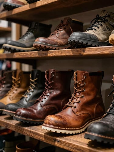 A close-up of high-quality leather boots and outdoor gear arranged neatly on a dark wooden shelf inside a historic retail store.