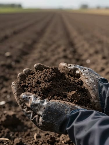 Close-up of rich, dark glacial till soil being held in gloved hands, agricultural field stretching into the soft-focus background.