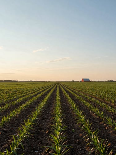 Wide environmental shot of an expansive Minnesota agricultural landscape at early morning, golden light skimming across rich soil and green crops, a distant red barn on the horizon, generous sky.