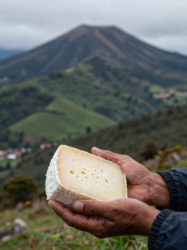 Close-up of hands of a local artisan in Machachi holding fresh Andean cheese, warm indoor lighting, 35mm