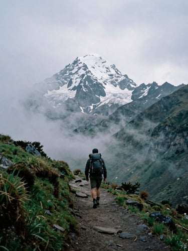 Environmental shot of a hiker on a misty Andean trail, the snow-capped peak of El Corazón visible in the background through cool overcast skies, 35mm photography