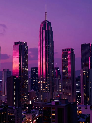 Cinematic wide-angle shot of the Vice City skyline at twilight, towering skyscrapers reflecting glowing pink and purple neon lights, dark synthwave aesthetic, 8k