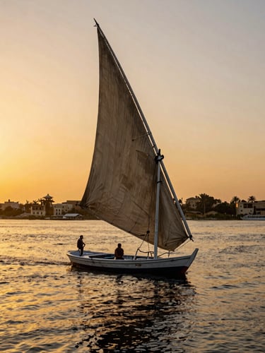 Wide cinematic view of the Nile River in Cairo at sunset, traditional wooden felucca sailboat in the foreground, golden light reflecting on water, 35mm.