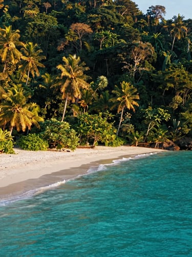 Cinematic wide shot of the pristine beaches of Langkawi, lush emerald rainforest meeting turquoise waters.