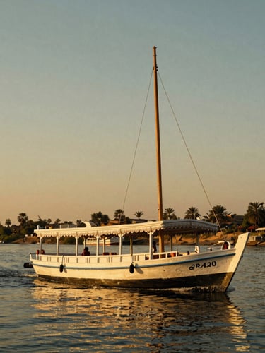 Cinematic portrait-aspect shot of a luxury private dahabiya boat sailing the Nile at golden hour, warm saturated colors, deep shadows, 35mm.