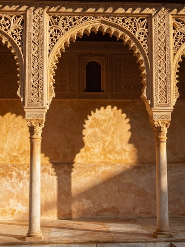 Intricate Moorish arches of the Alhambra in Granada, golden sunlight filtering through stone carvings.