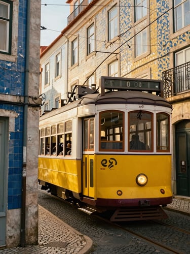 High-contrast shot of a yellow vintage tram climbing a narrow Lisbon street, colorful tiled facades.