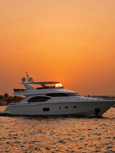 A private luxury yacht sailing on the Nile at golden hour, deep orange sky, high-contrast editorial travel photography
