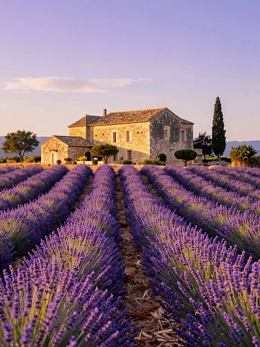 Sunlit lavender fields of Provence leading to a historic stone estate, vibrant purple and golden hues.