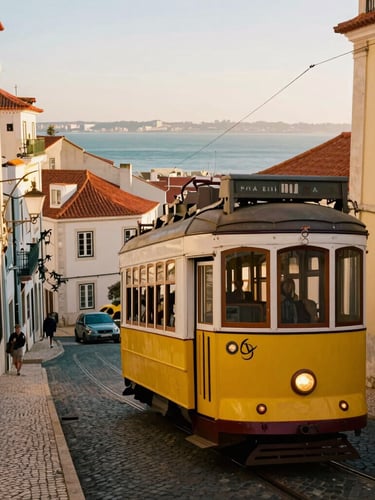 Cinematic golden-hour shot of Lisbon's historic yellow tram climbing a steep cobblestone street, pastel-colored buildings, warm terracotta roofs, Atlantic ocean in the far background, 35mm photography.