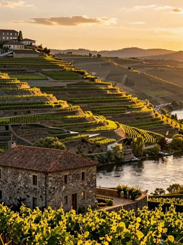 Wide shot of terraced vineyards in the Douro Valley at sunset, golden light reflecting off the Douro River, a private stone estate in the foreground, vibrant editorial travel style.