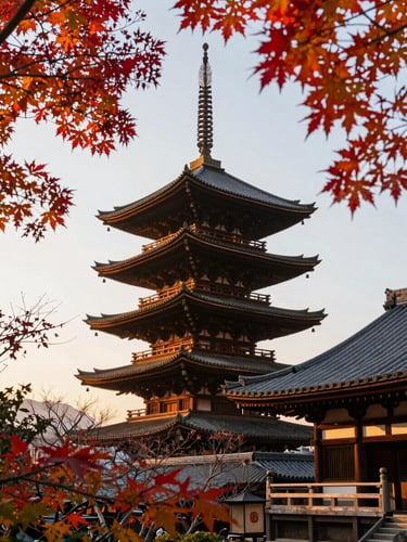 Golden hour sunlight illuminating a traditional wooden pagoda in Kyoto, framed by vibrant autumn leaves.