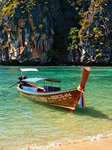 Vibrant longtail boat anchored off the limestone cliffs of Railay Beach, crystal clear water, bright daylight.