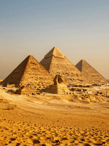 Vibrant golden hour shot of the Giza Pyramids, warm sunlight casting long shadows over the desert sands.