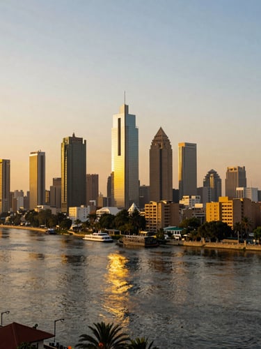 A wide-angle cinematic shot of the bustling Cairo skyline at golden hour, the Nile river curving through modern towers, soft warm sunlight reflecting off the water.
