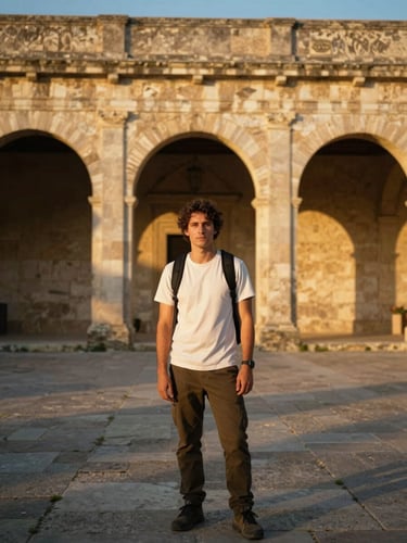 Cinematic portrait of a local guide standing before the ancient stone arches of a historic European courtyard, golden hour light, 35mm photography.