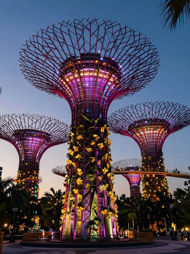 Stunning night shot of Supertree Grove, vibrant neon lights reflecting off architectural glass.