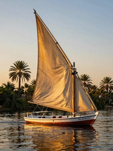 An elegant wooden felucca sailboat gliding on the Nile River at sunset, warm golden light reflecting on the water, lush green palms along the riverbank, cinematic depth of field.